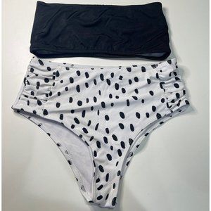 Black & White High-Waist Swimsuit w/ Bandana Top + Wrap - SM